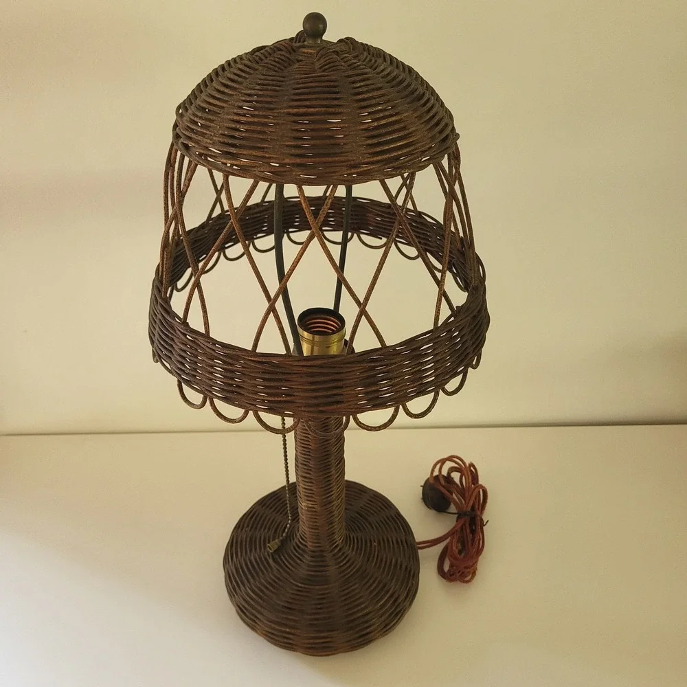 Antique Vintage Art Deco Mushroom Wicker Table Lamp Woven Rattan Brown 18